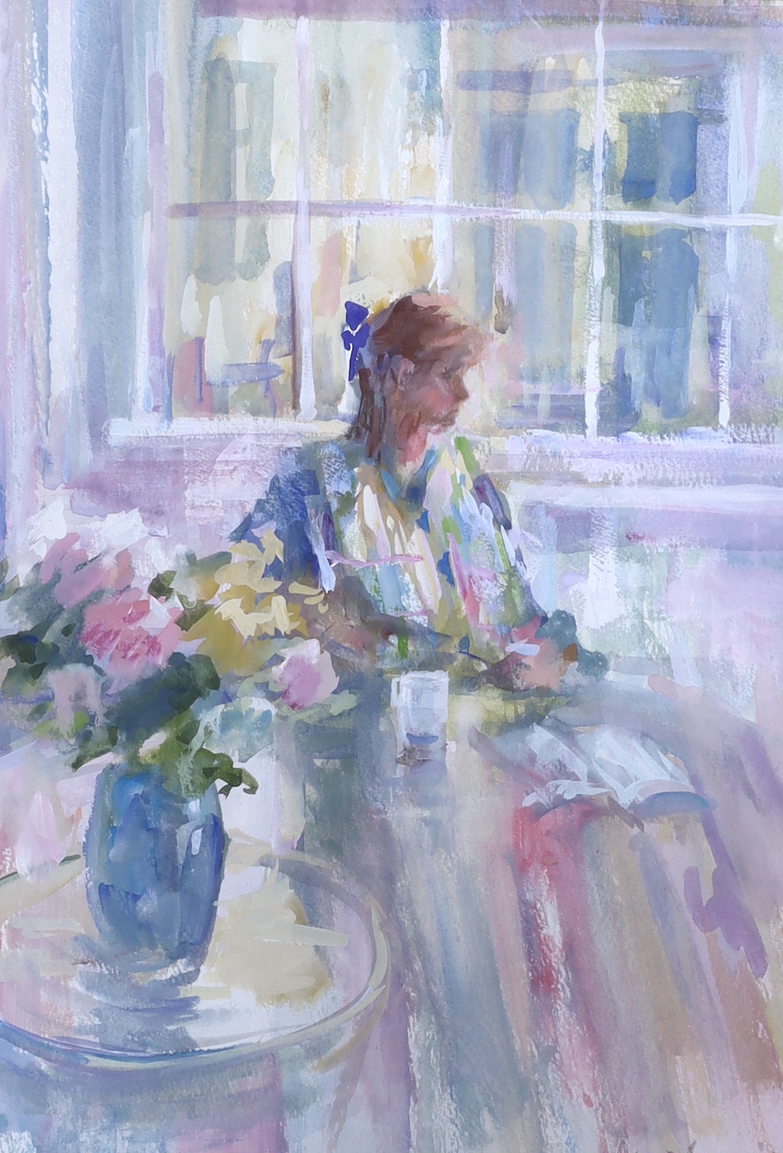 Jane Camp, watercolour, Interior with seated woman, signed and dated '93, 35 x 25cm